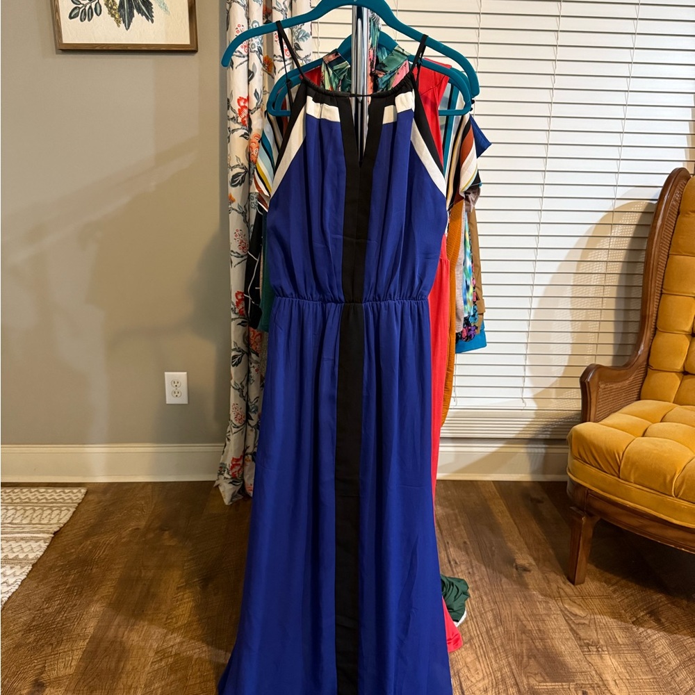 Blue and Red Halter Maxi Gown for Cocktail